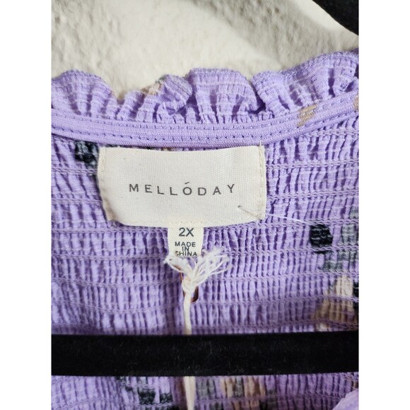 New Melloday Womens 2X Purple Floral Short Sleeve Tie Neck Smocked Blouse - Picture 4 of 7